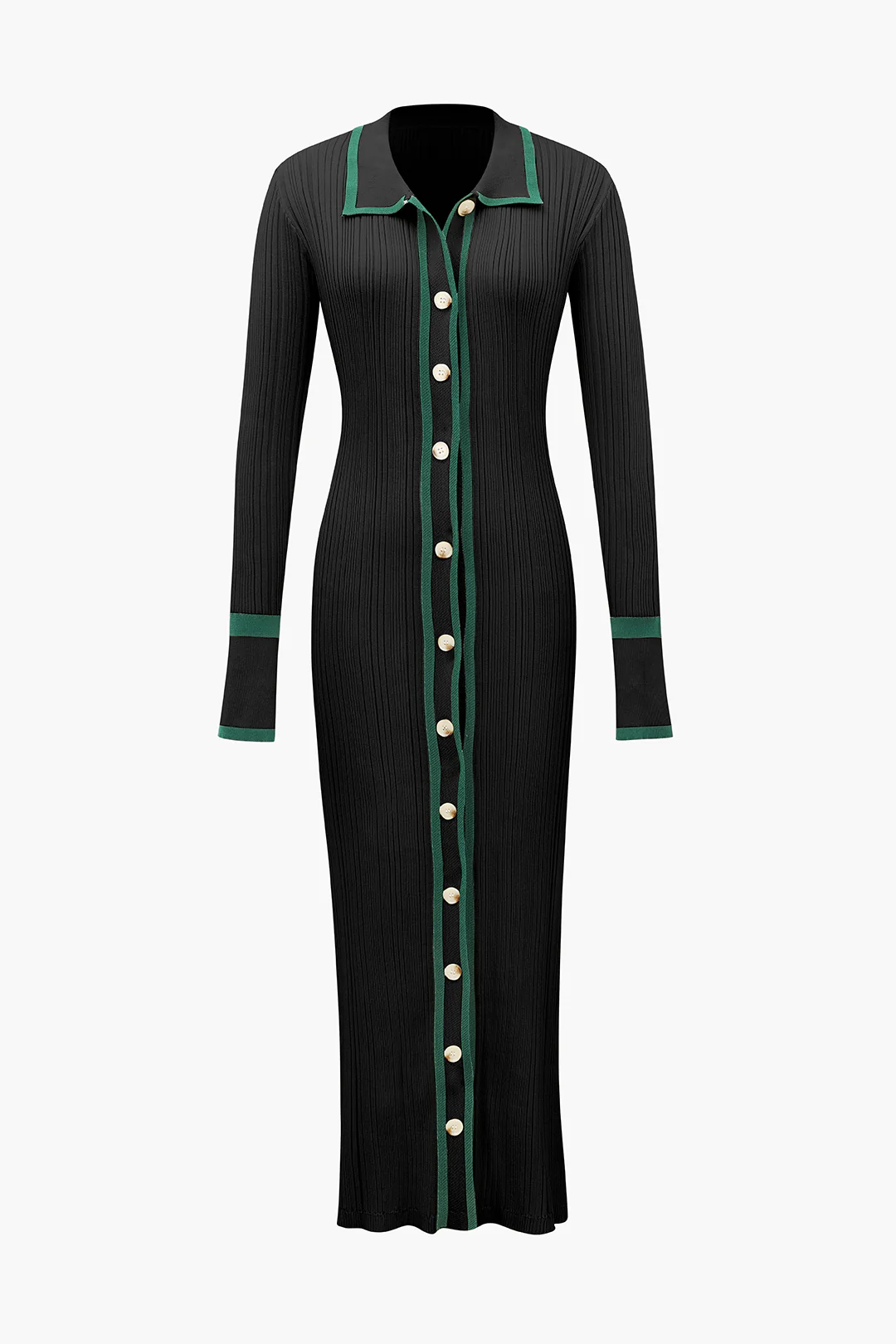Contrast Trim Button Down Knitted Dress - Weenar