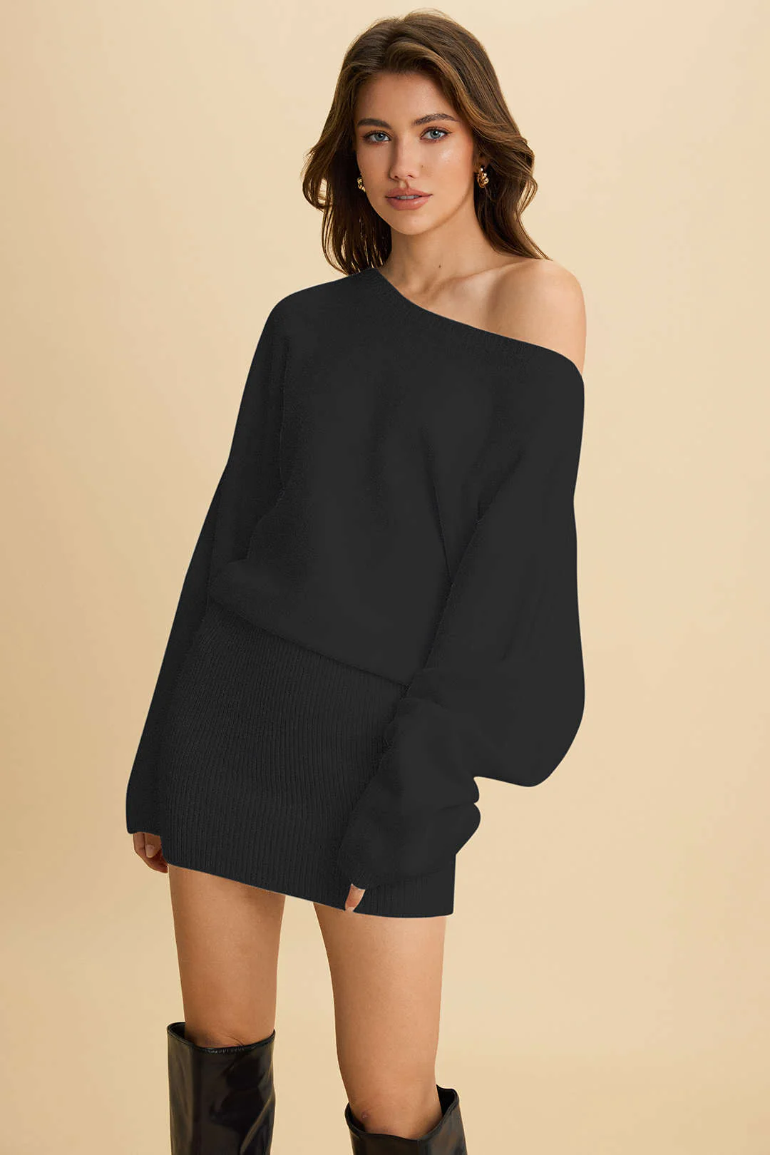 Knit One Shoulder Long Sleeve Mini Dress - Weenar