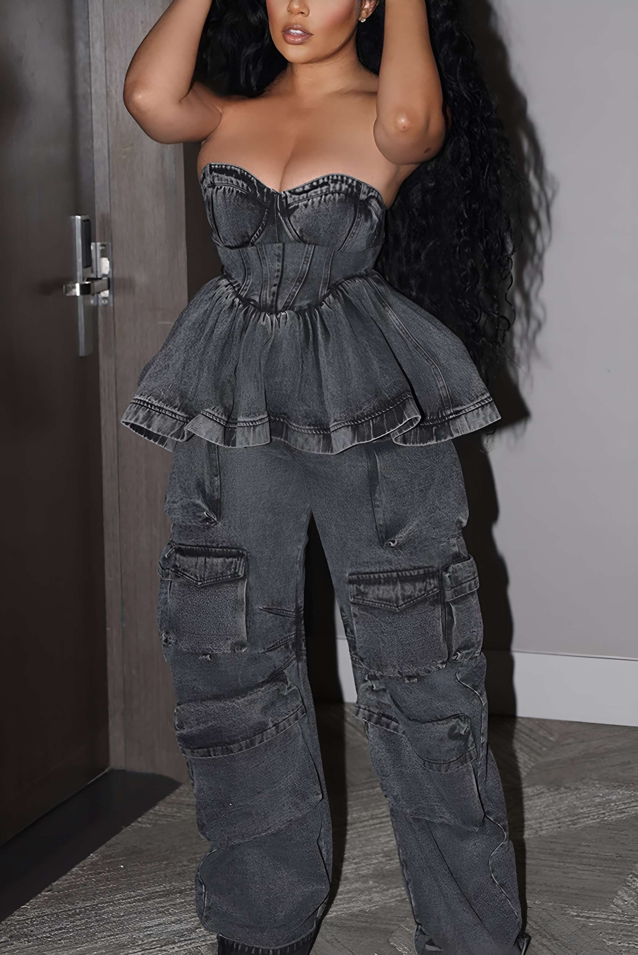 Denim Ruched Zipper Tube Top - Weenar
