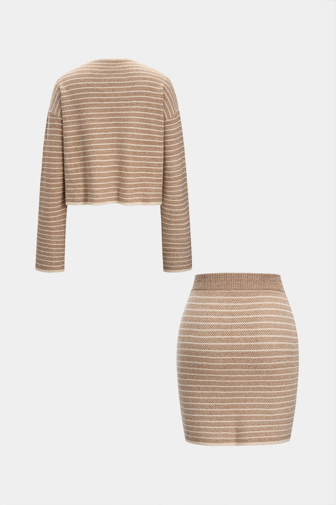 Knit Stripes Print Button Long-Sleeve Top And Mini Skirt Set - Weenar