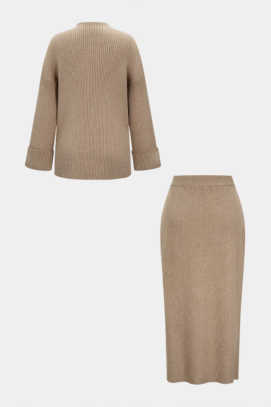 Knit Asymmetrical Button Side Slit Long-Sleeve Top And Skirt Set - Weenar