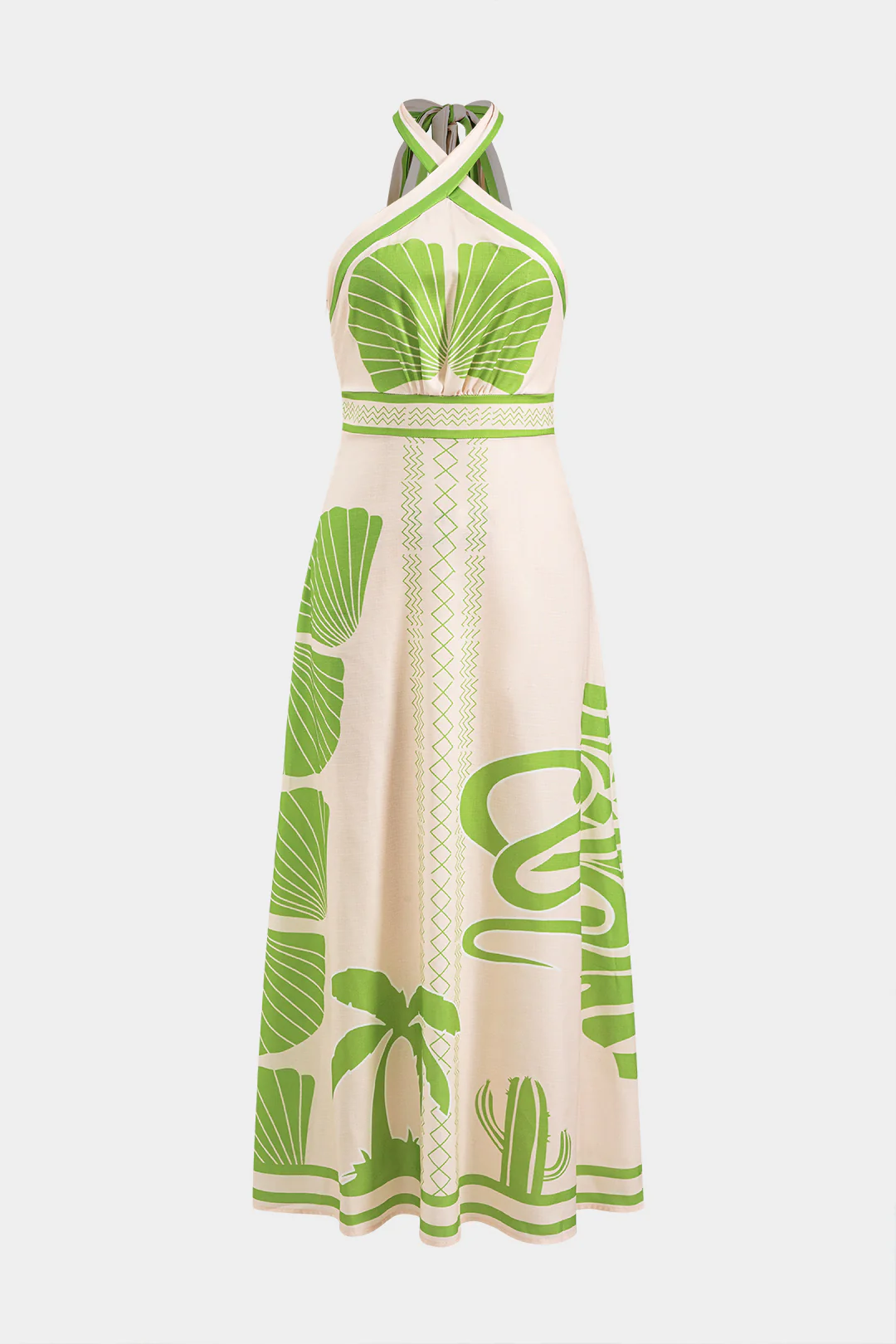 Leaves Print Halter Neck Tie-Up Sleeveless Midi Dress - Weenar