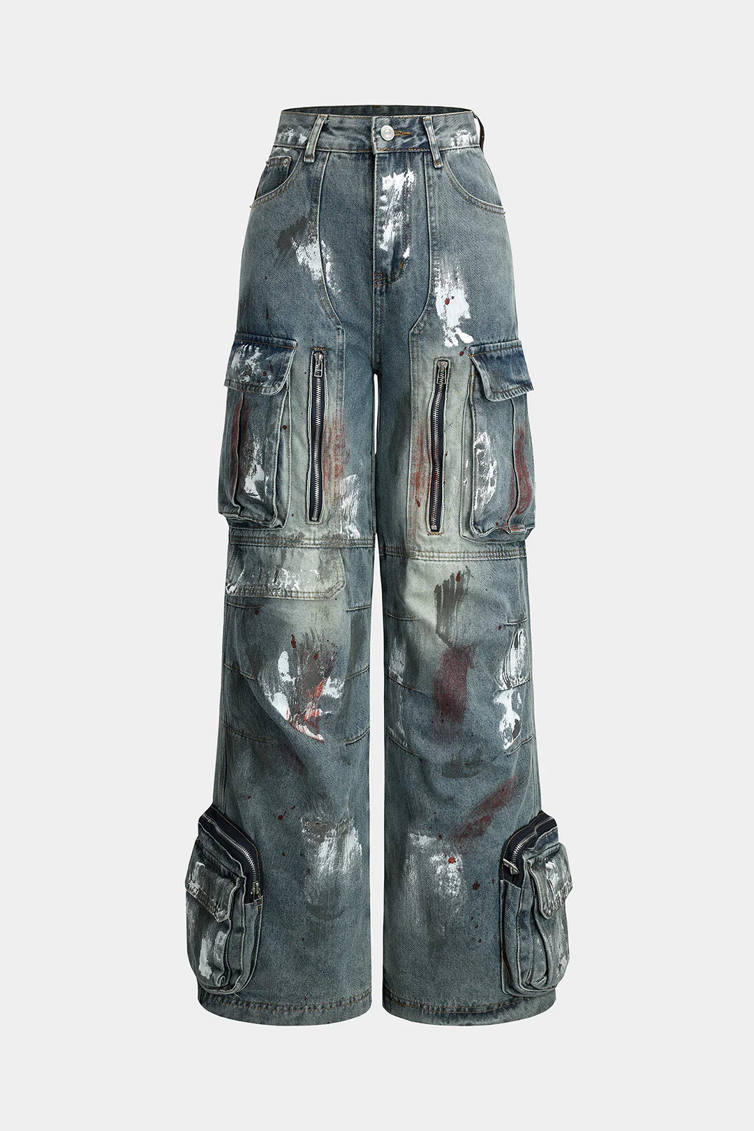 Graffiti Denim Washed Button Pocket Zipper Wide Leg Jeans - Weenar