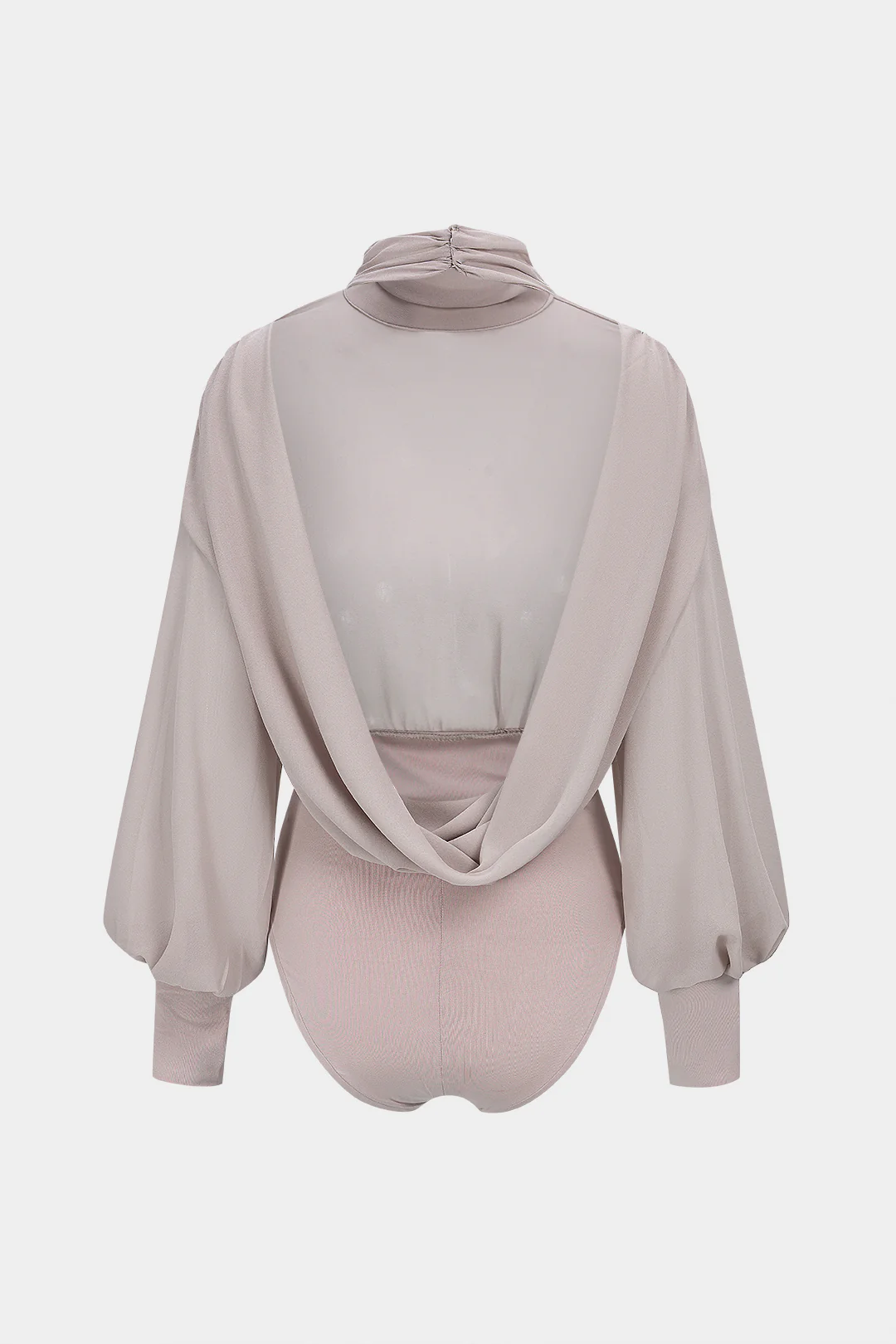 Chiffon Patchwork Mock Neck Backless Long Sleeve Bodysuit - Weenar