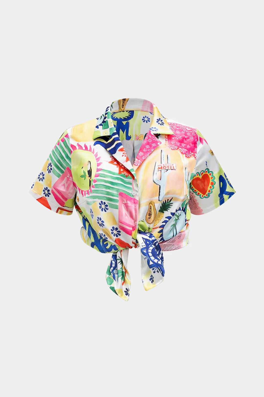 Plus Size Satin Pop Art Pattern V-Neck Short-Sleeve Shirt - Weenar