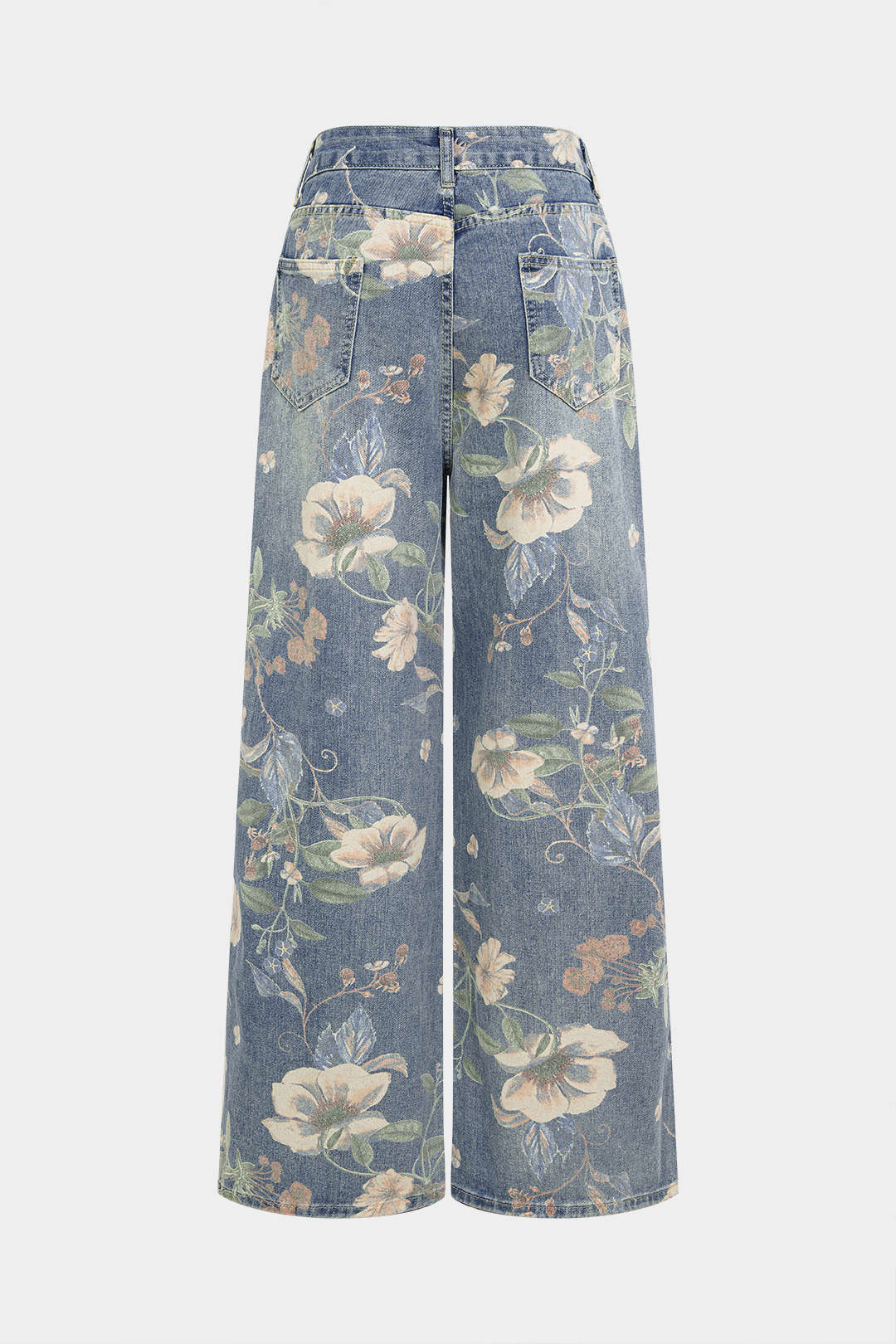 Denim Floral Print High Waist Straight Leg Jeans - Weenar