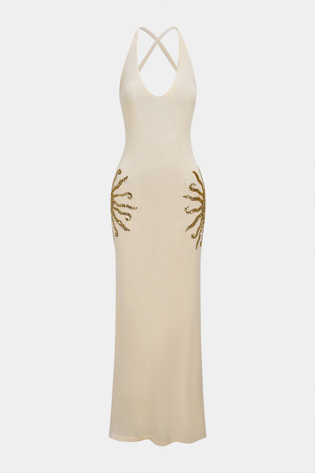 Knit Sequin Crossed Backless Sleeveless Dress - Weenar