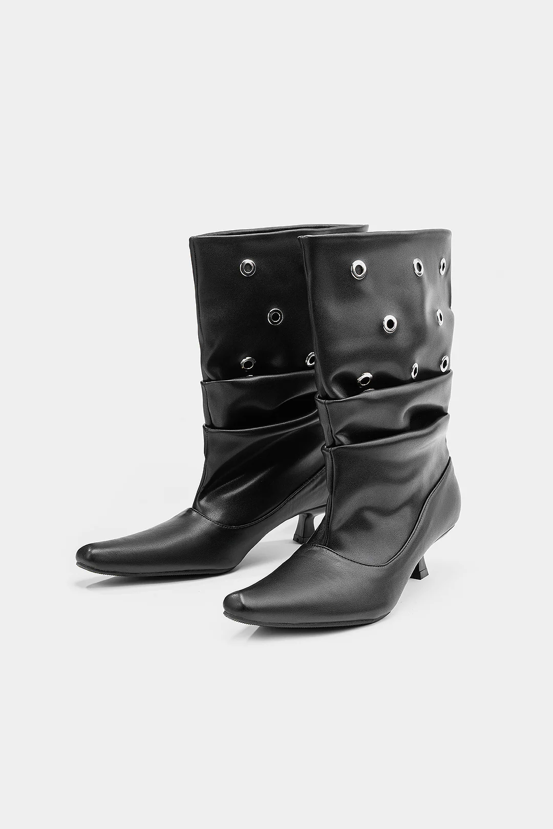Studded Faux Leather Pointed Mid Calf Boots - Weenar
