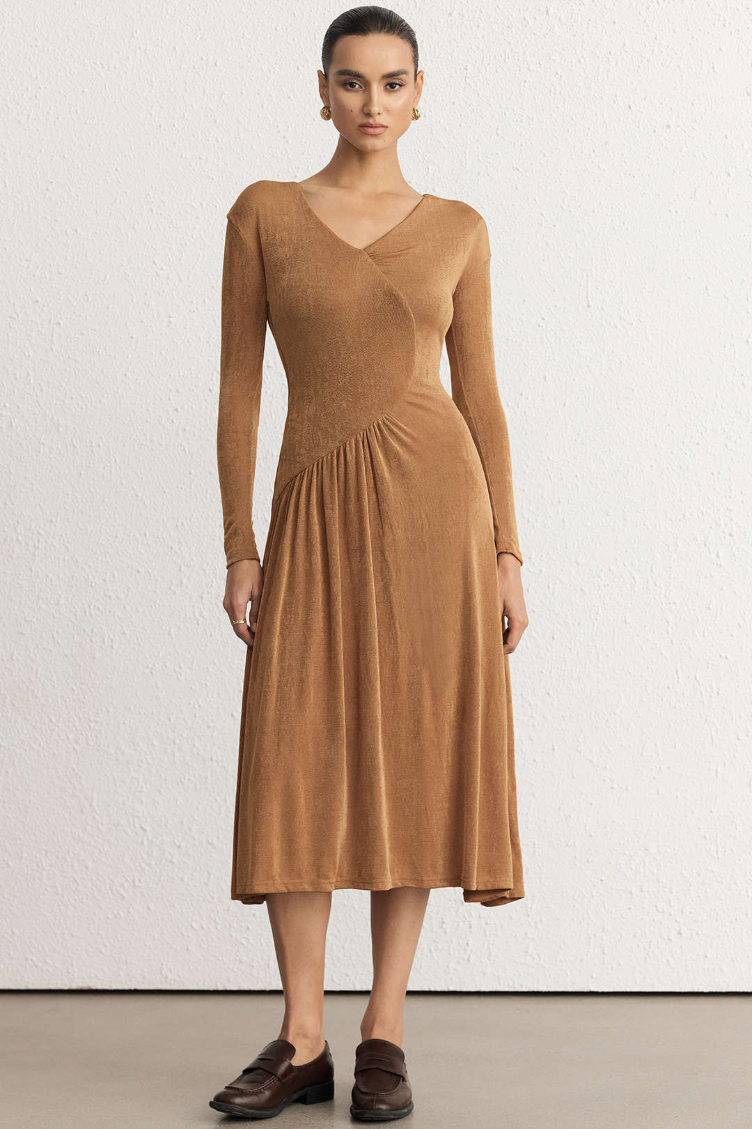 Asymmetrical Neck Long Sleeve Midi Dress - Weenar