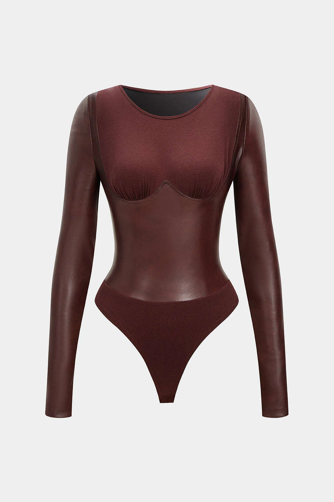 Faux Leather Patchwork Round Neck Long Sleeve Bodysuit - Weenar