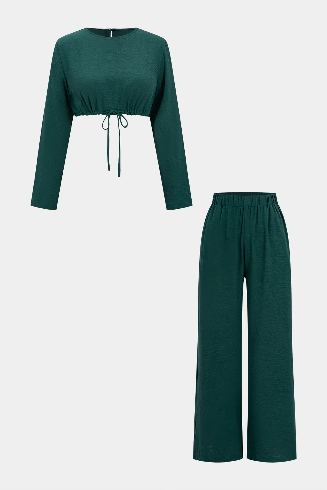 Tie-Up V-Neck Long-Sleeve Top And Wide Leg Trousers Set - Weenar
