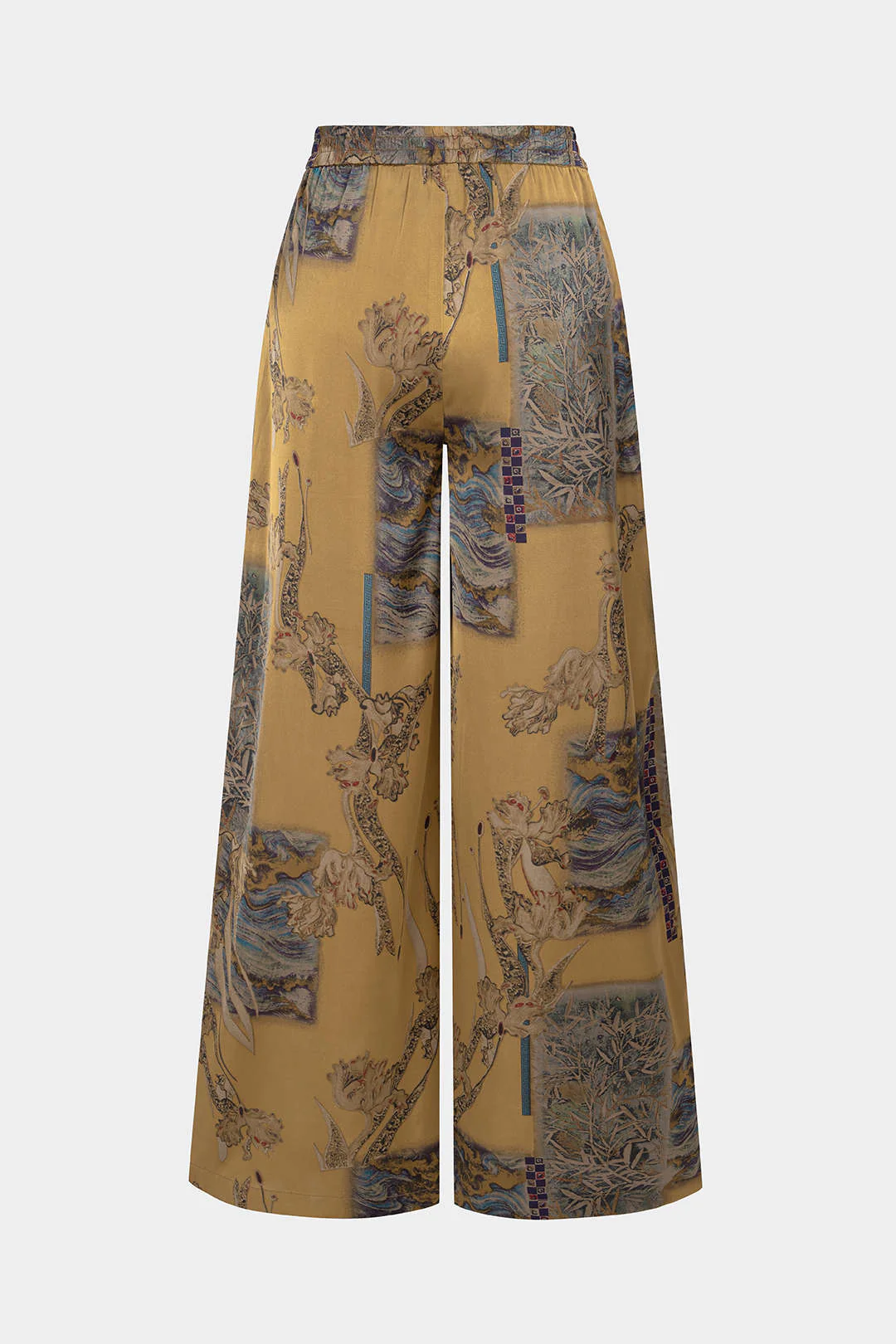 Abstract Print Satin Shirred Waistband Wide Leg Pants - Weenar
