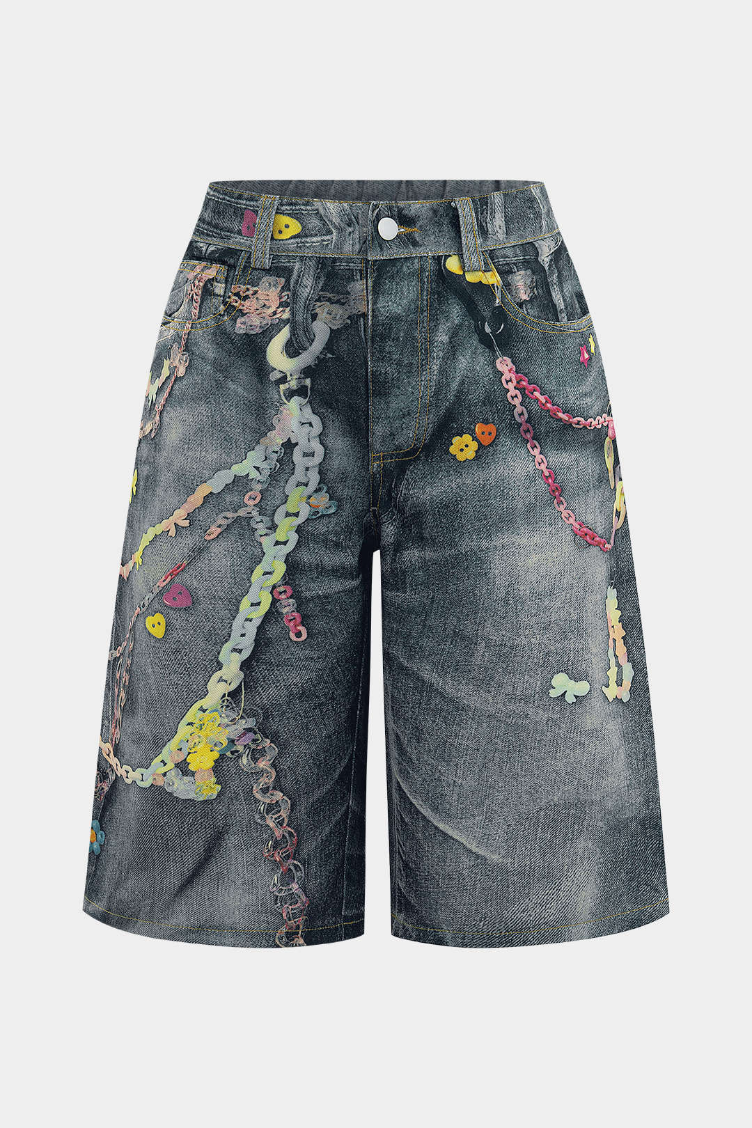Plus Size Chain Print Denim Wide Leg Shorts - Weenar