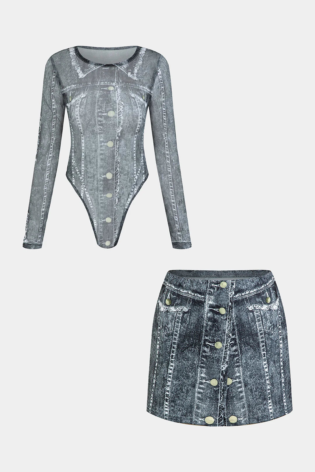 Mesh Fake Button Long Sleeve BodySuit  And Skirt Set - Weenar