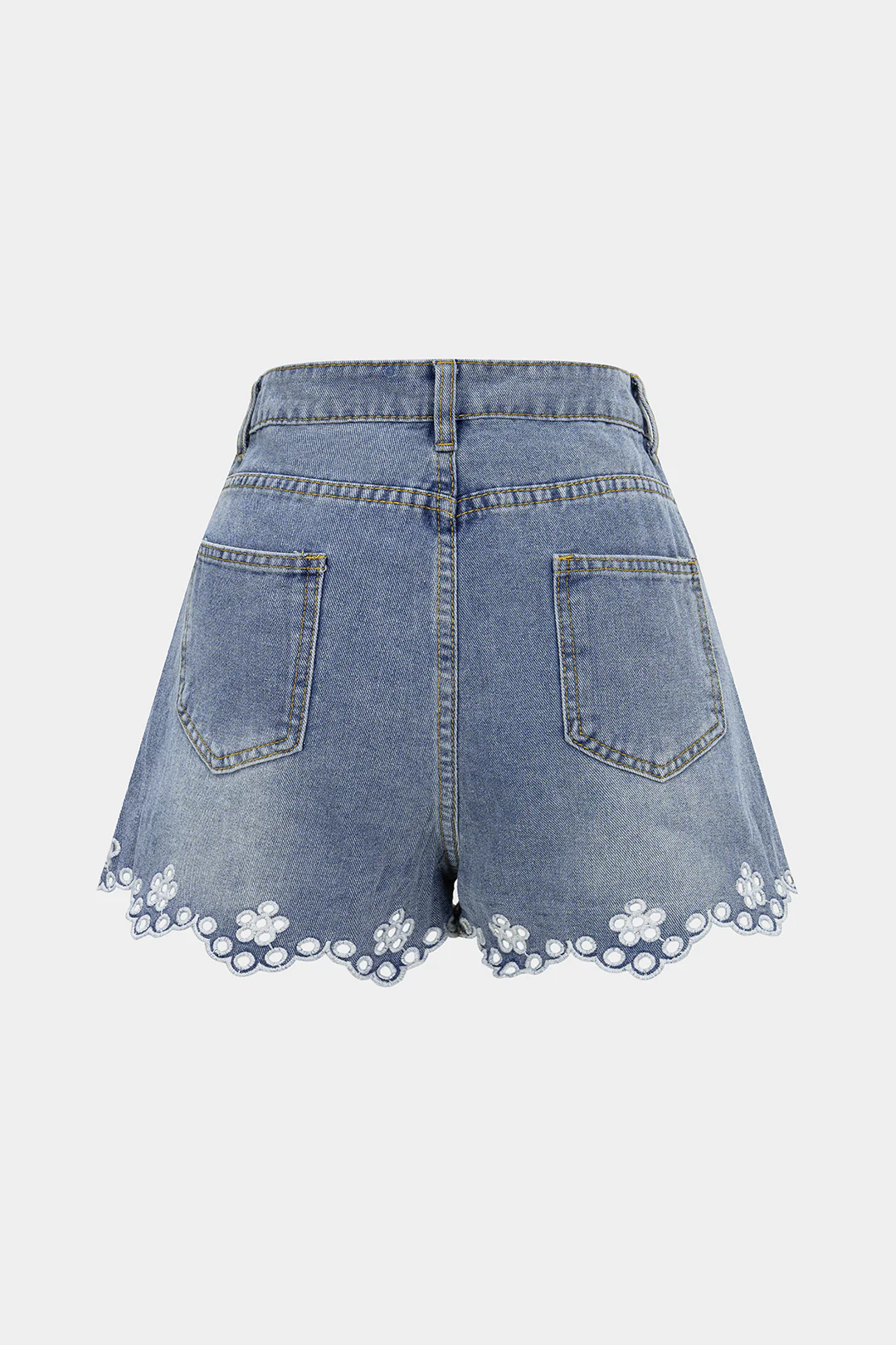 Denim Hollow Out Embroidery Floral Shorts - Weenar