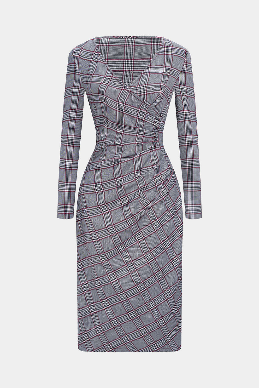 Plaid Print V-Neck Asymmetrical Ruched Long Sleeve Midi Dress - Weenar
