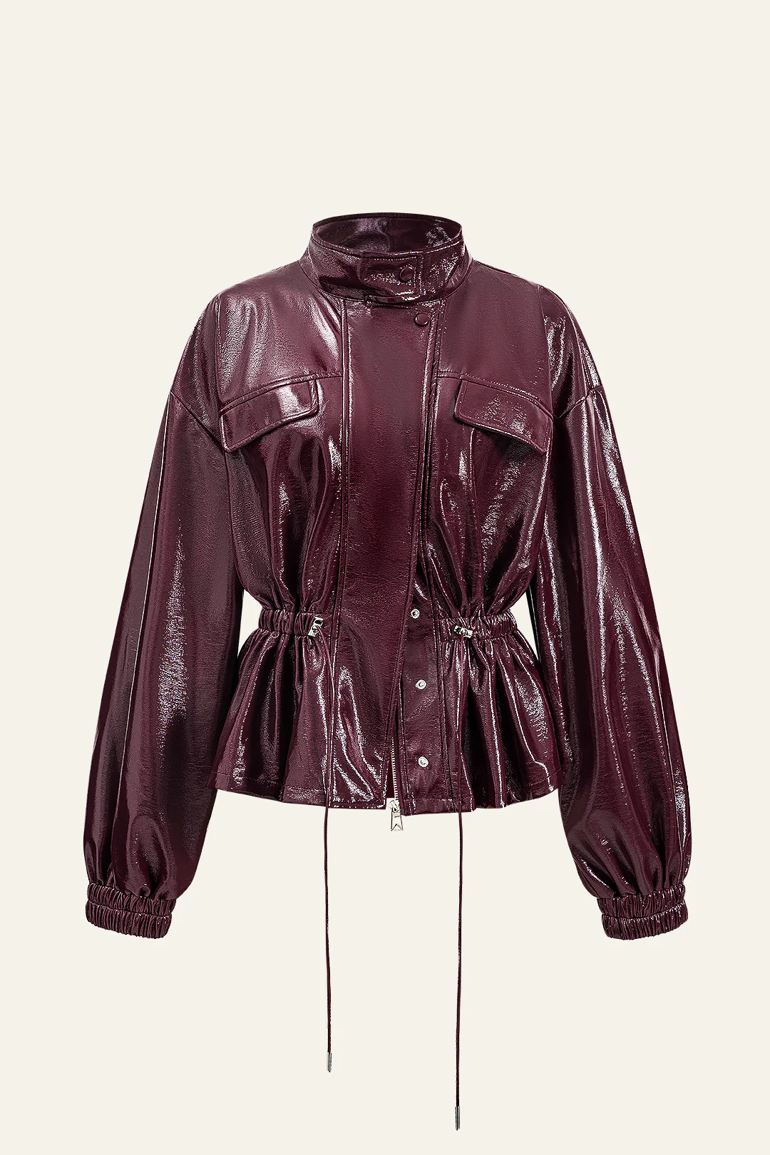 Faux Leather Drawstring Pocket Jacket - Weenar