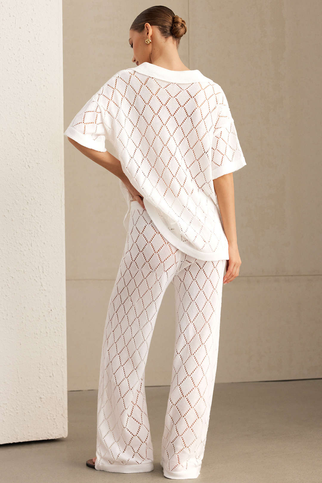 Knit  Cut Out Button Cardigan And Pants Set - Weenar