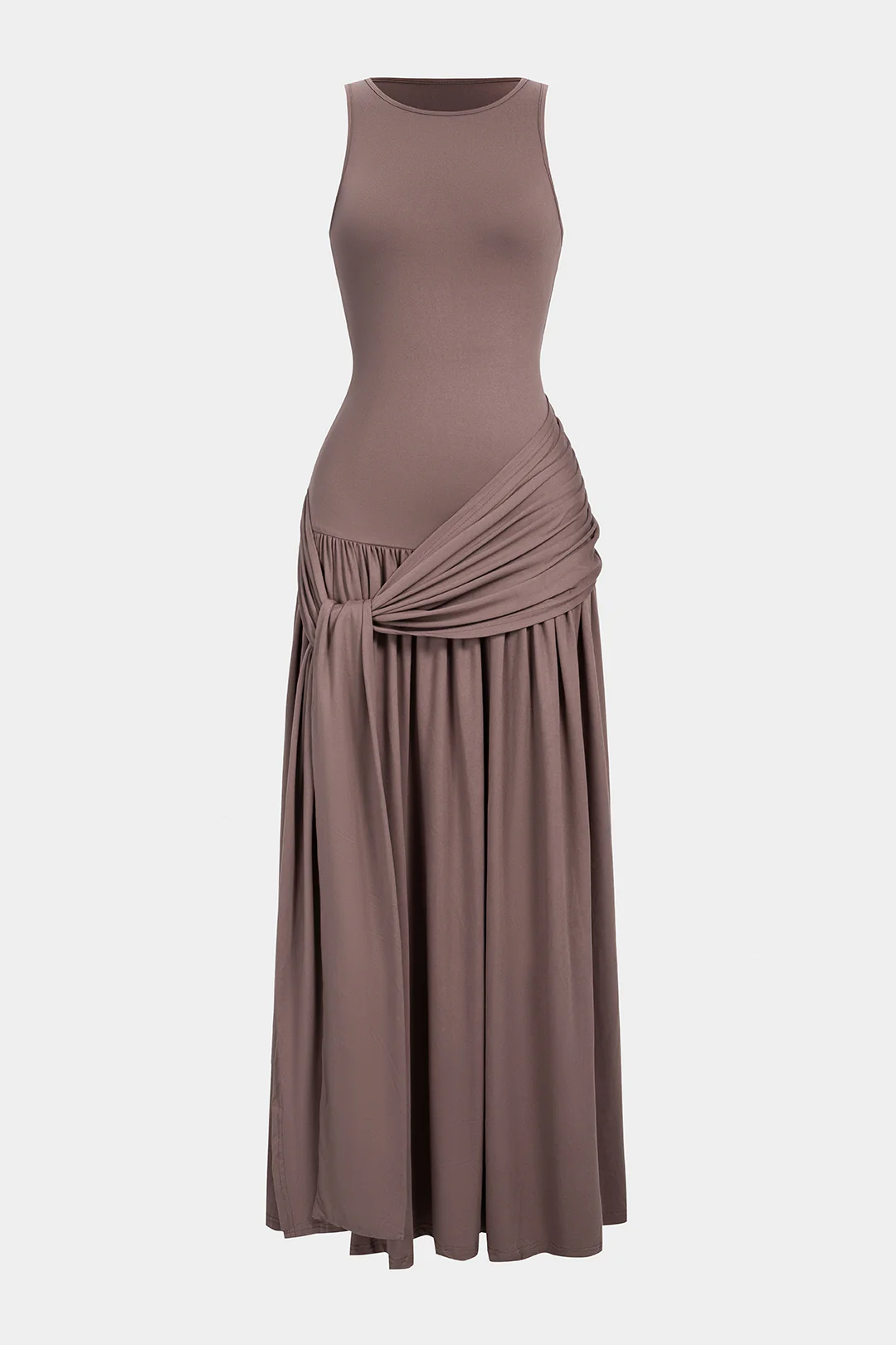 Tie Front Round Neck Ruched Sleeveless Maxi Dress - Weenar