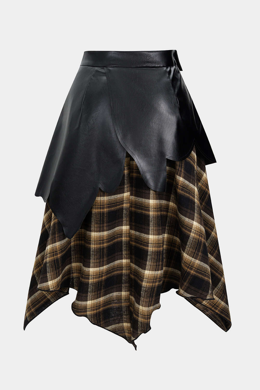 Plus Size Color Block Plaid Print Faux Leather Patchwork Tie-Up Asymmetrical Pocket Skirt - Weenar