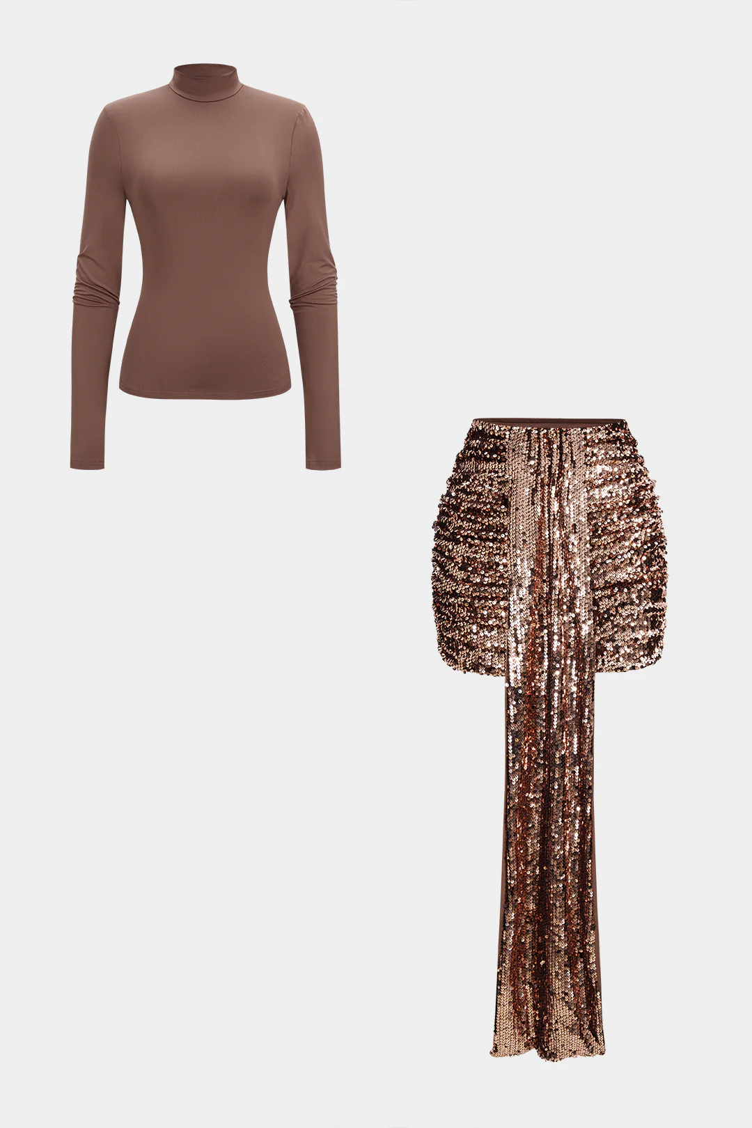 Mock Neck Long-Sleeve Top And Sequin Mini Skirt Set - Weenar