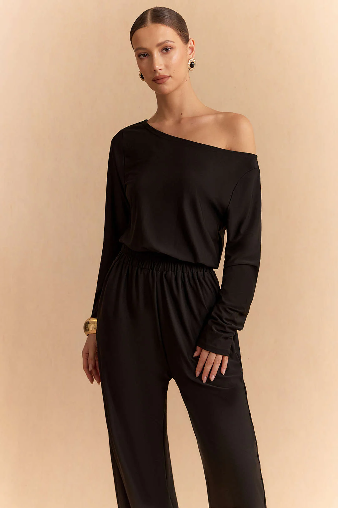Solid One Shoulder Long Sleeve Jumpsuit - Weenar