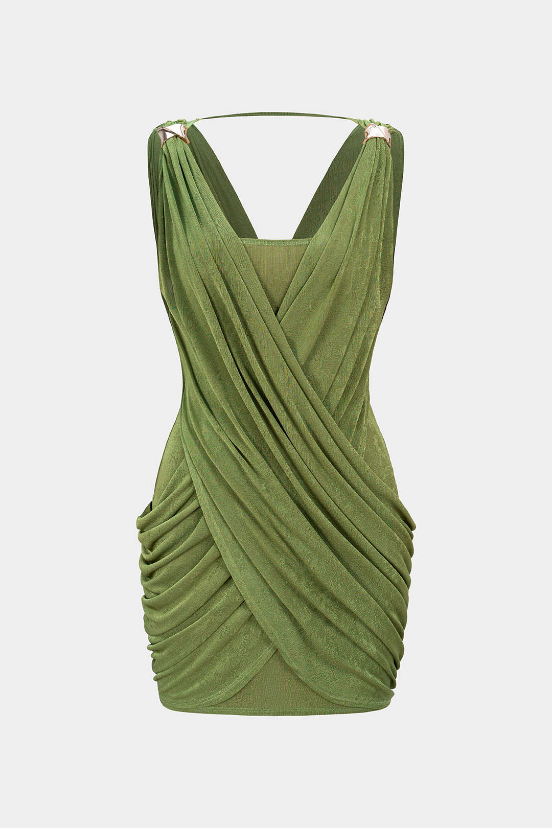 Crossed V-Neck Ruched Metallic Decor Sleeveless Mini Dress - Weenar