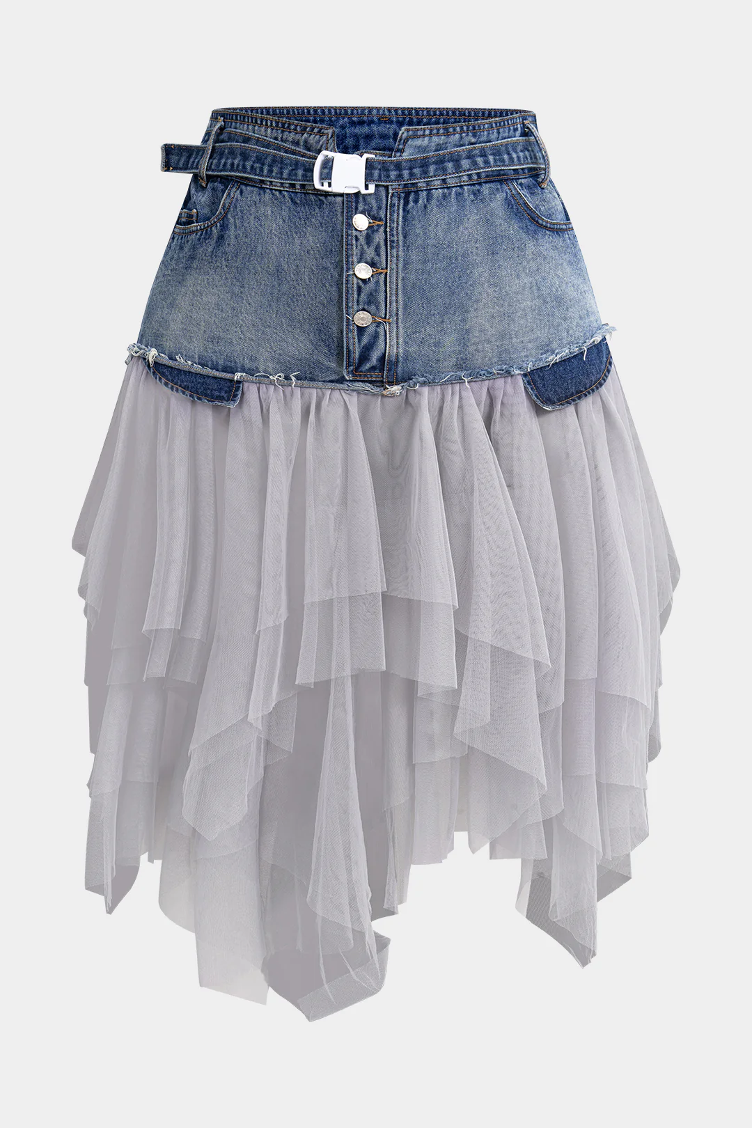 Plus Size Denim Mesh Patchwork High Waist Skirt - Weenar