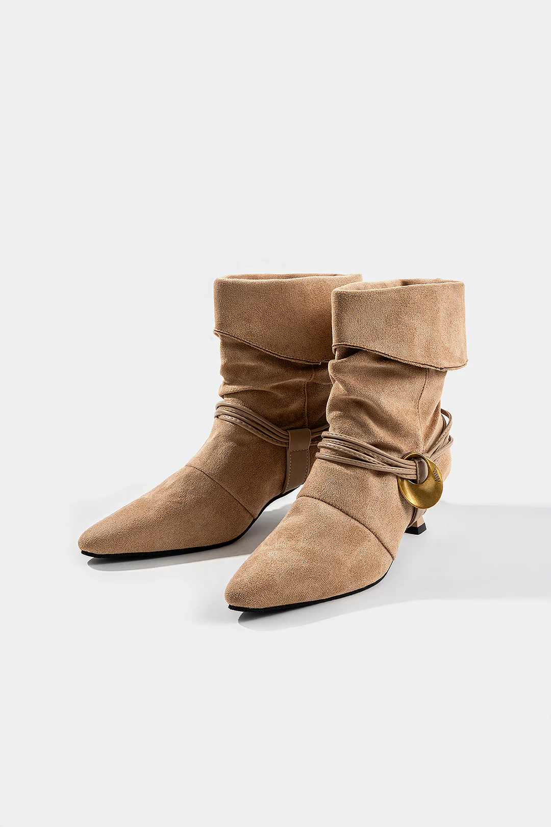 Suede Metallic Decor Pointed Ankle Boots - Weenar