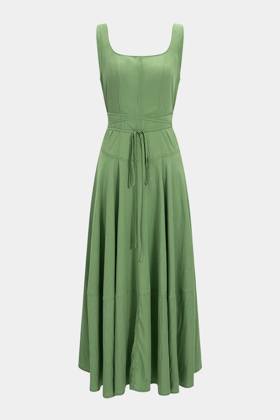 Solid Square Neck Tie-Front Zipper Sleeveless Midi Dress - Weenar