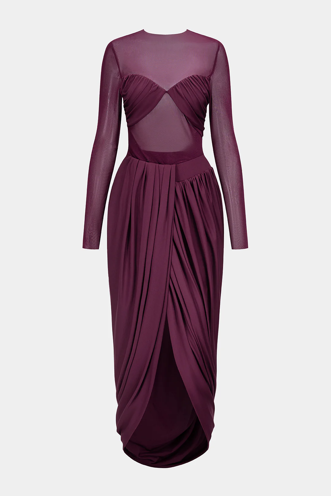 Mesh Patchwork Round Neck Ruched Long Sleeve Midi Dress - Weenar