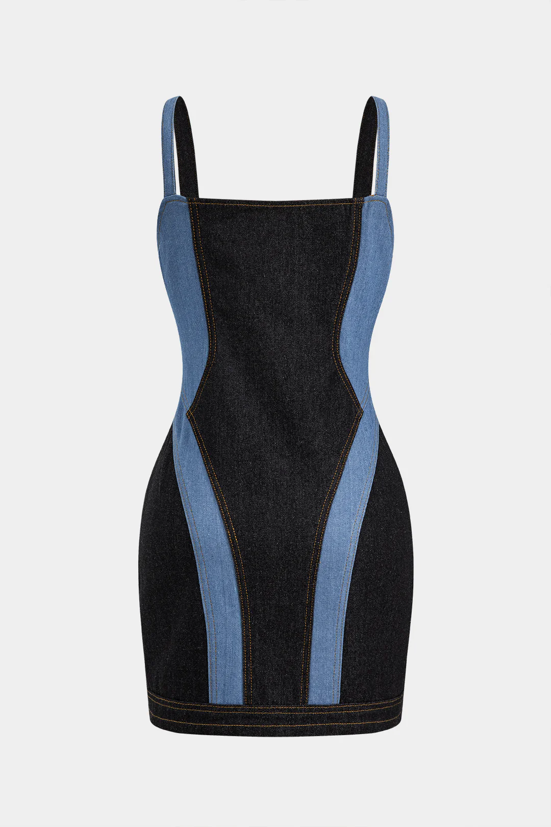 Contrast Denim Patchwork Zipper Bustier Dress - Weenar
