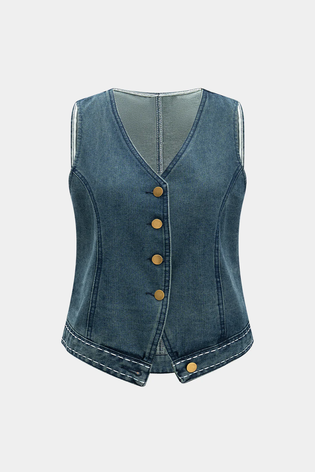 Denim V-Neck Sleeveless Metallic Button Vest - Weenar