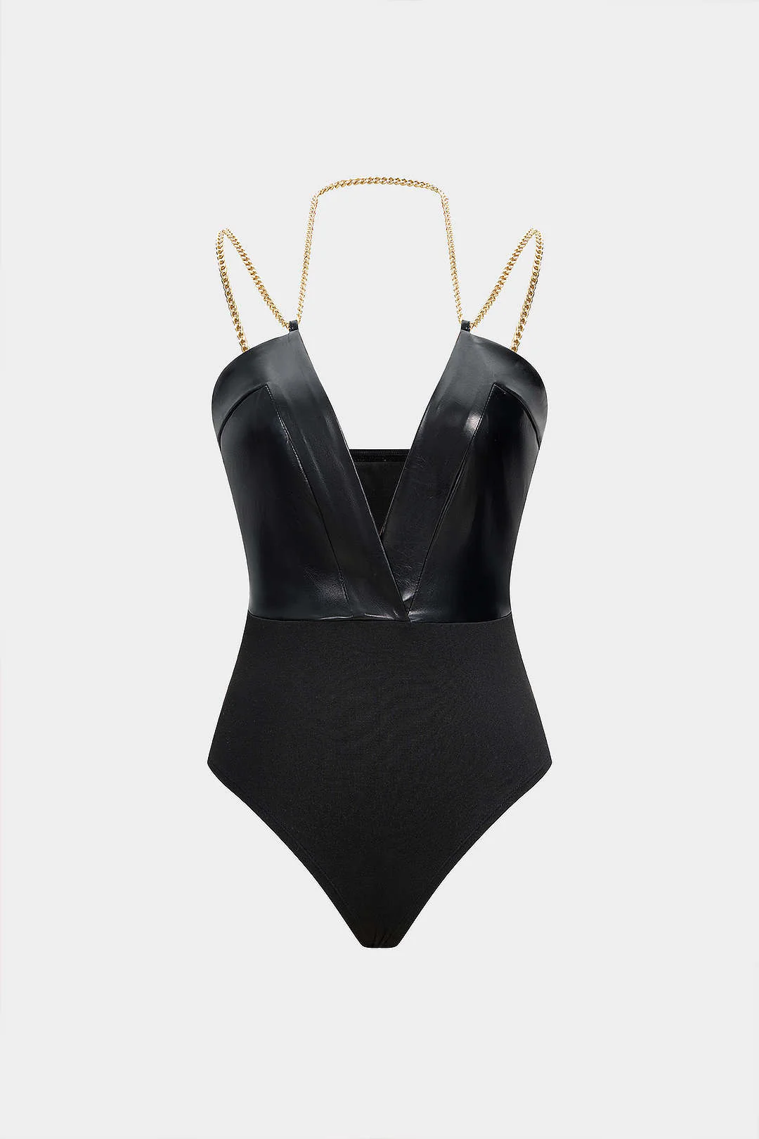 Faux Leather Chain Patchwork Sleeveless V-Neck Bodysuit - Weenar