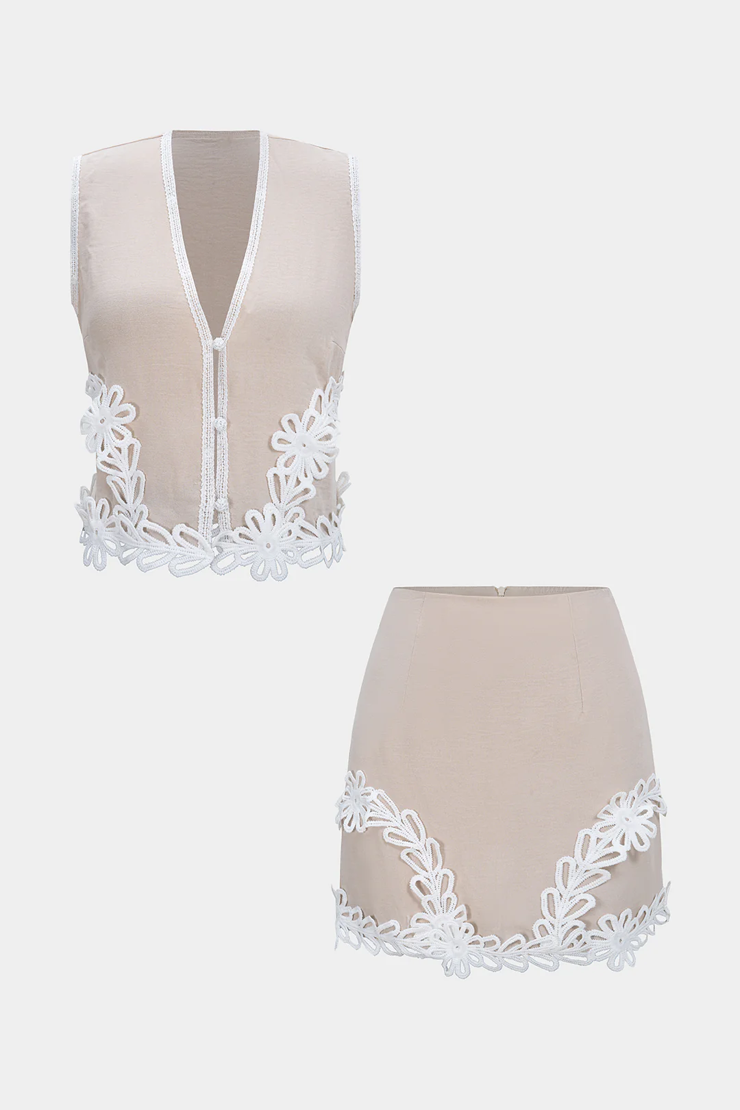 Flower Applique V-Neck Tank Top And Zipper Skirt Set - Weenar