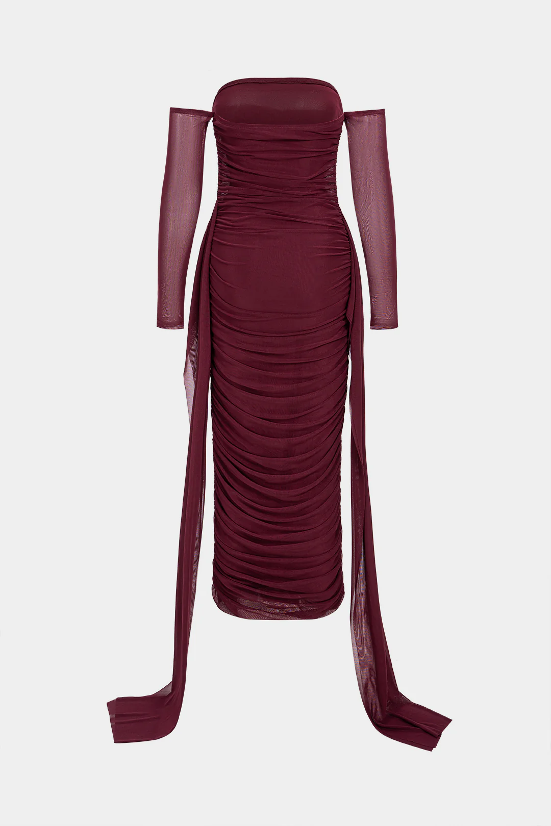 Mesh Off Shoulder Ruched Long Sleeve Maxi Dress - Weenar
