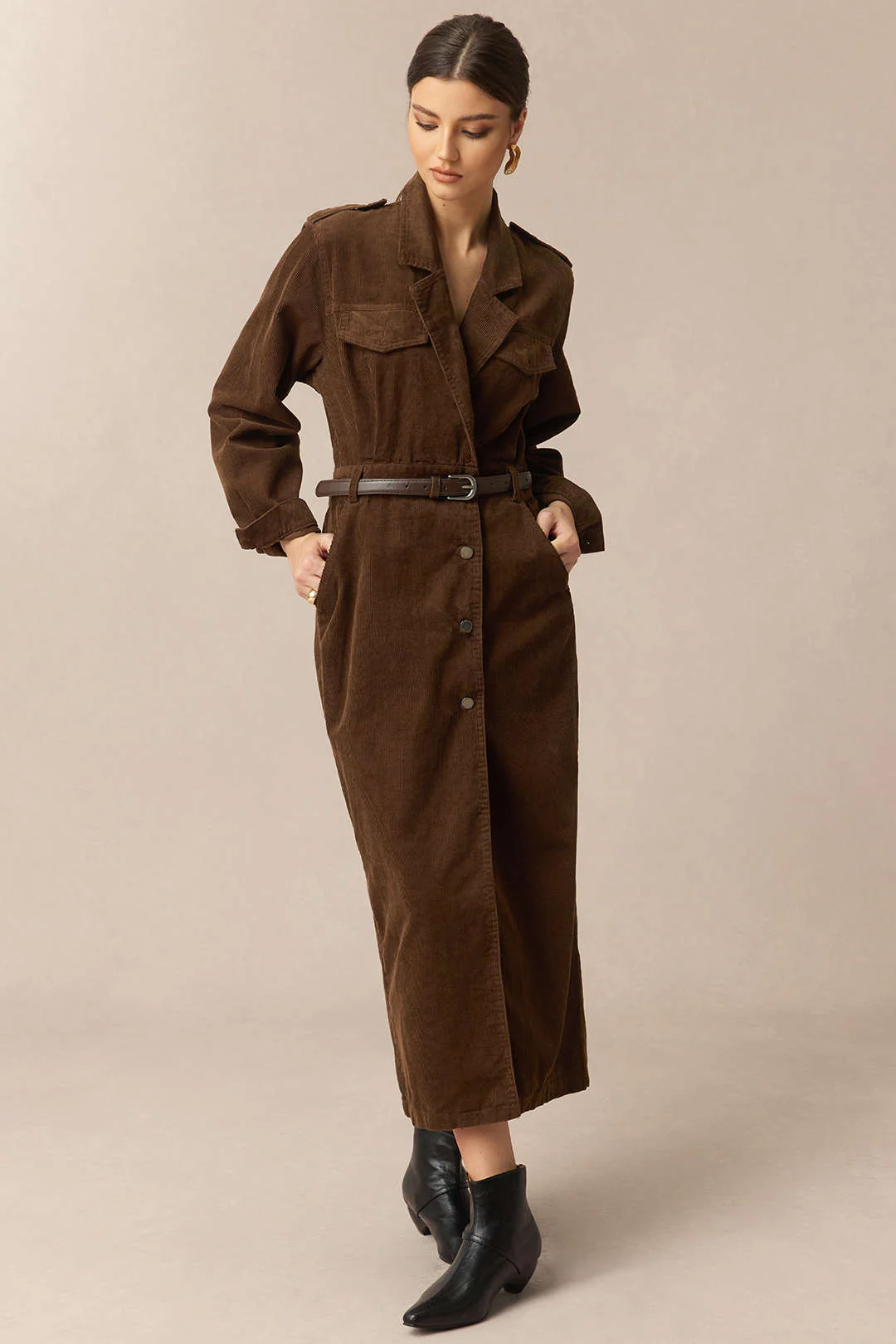 Corduroy Notched Lapel Button Pocket Belted Long Sleeve Dress - Weenar