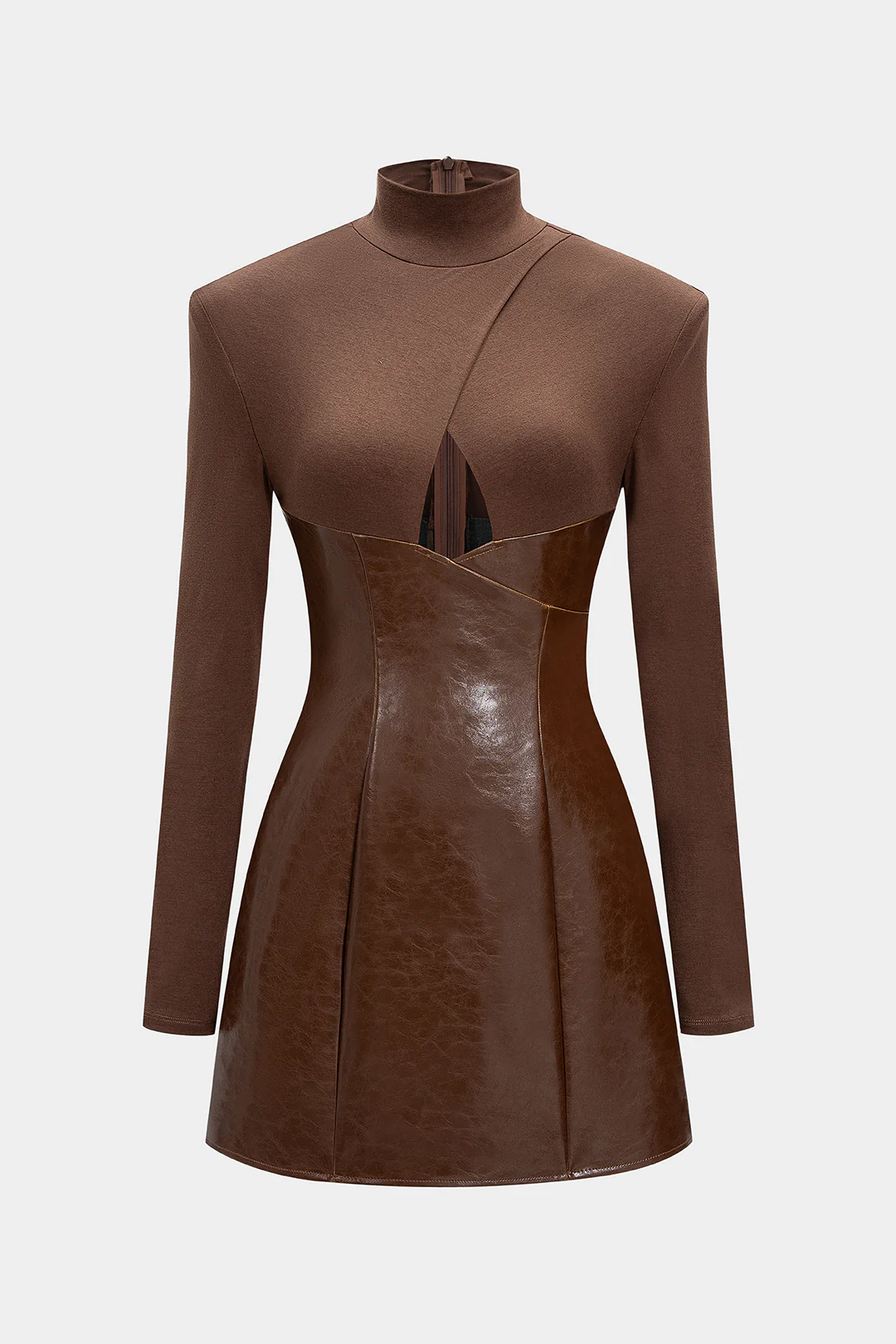 Mock Neck Faux Leather Patchwork Cut Out Long Sleeve Mini Dress - Weenar