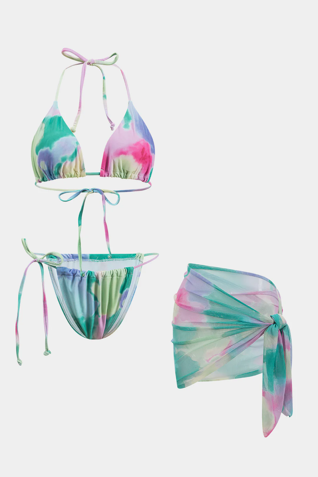 Abstract Print Ruched Tie Up Bikini And Tie Knot Cover Up Set - Weenar
