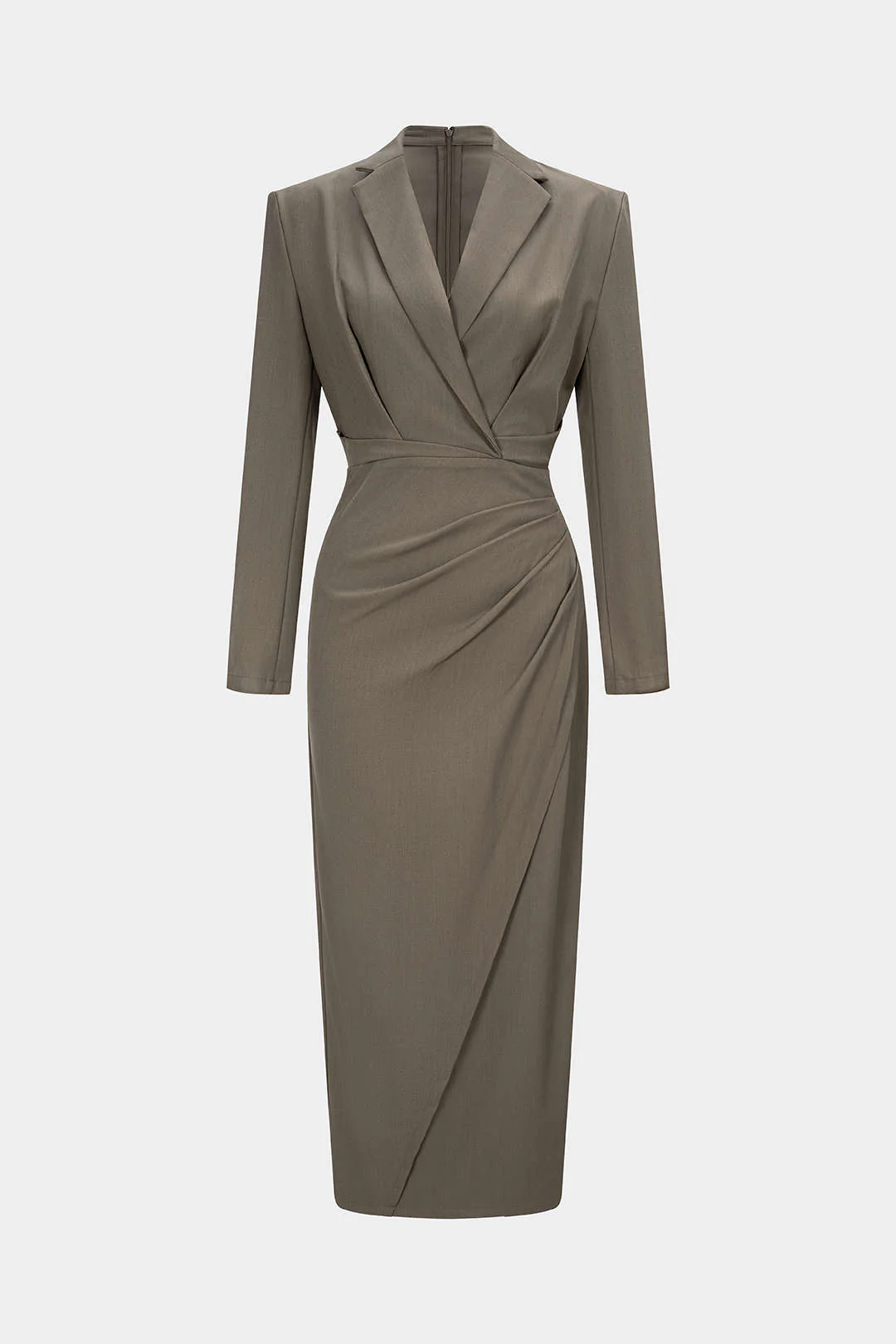 Ruched Notched Lapel Asymmetrical Long Sleeve Maxi Dress - Weenar