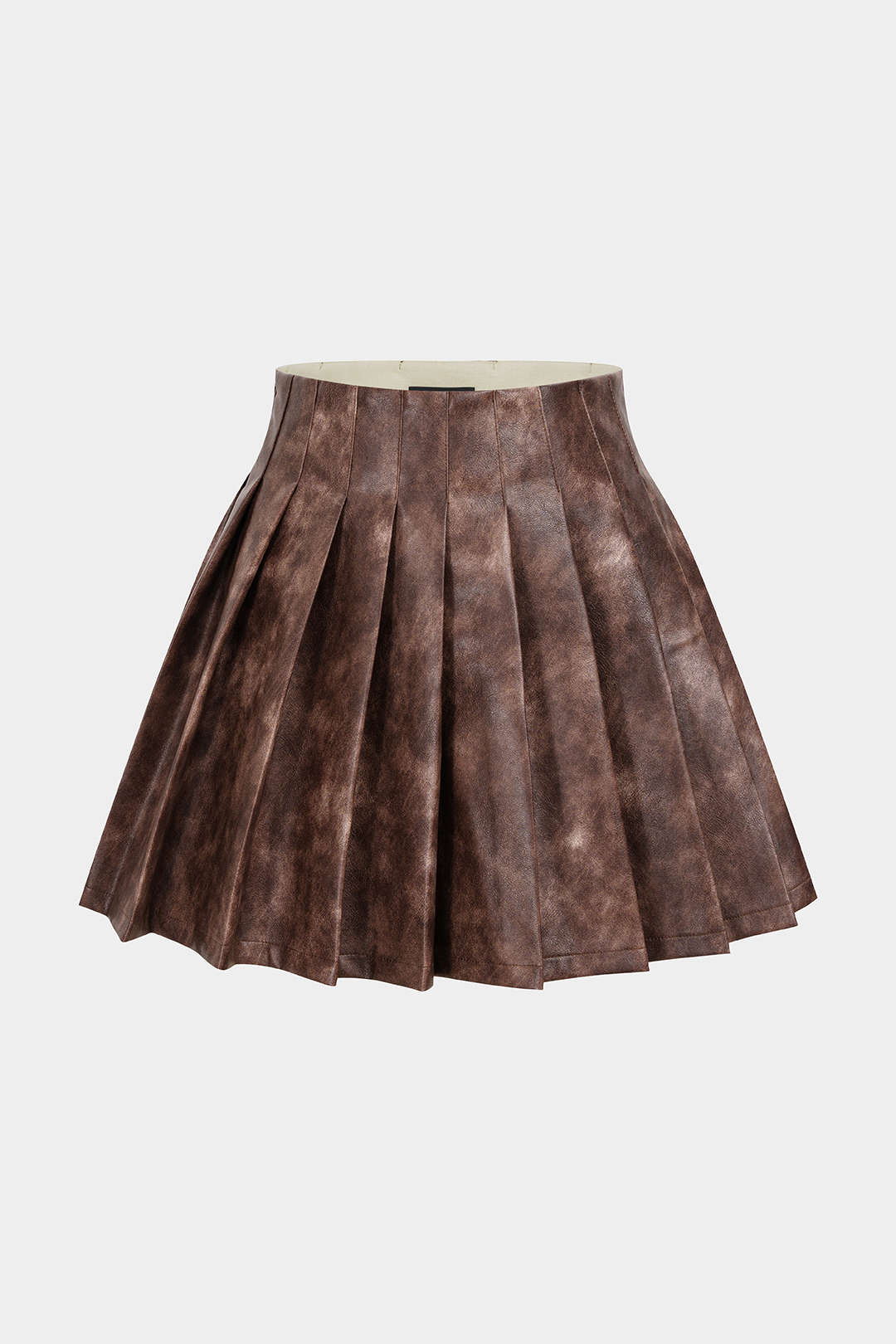 Washed Faux Leather Pleated Zipper Mini Skirt - Weenar
