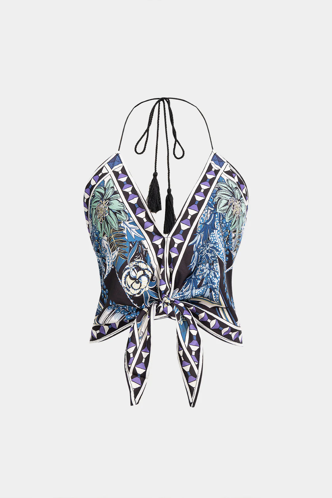 Geometric Leaves Print Halter V-Neck Tie-Up Cami Top - Weenar