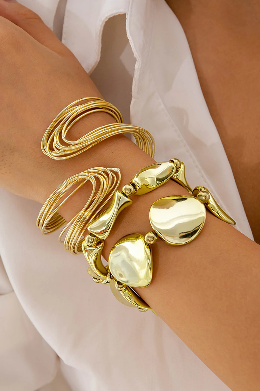 Metal Multilayer Geometric Open Wavy Beaded Bracelet - Weenar