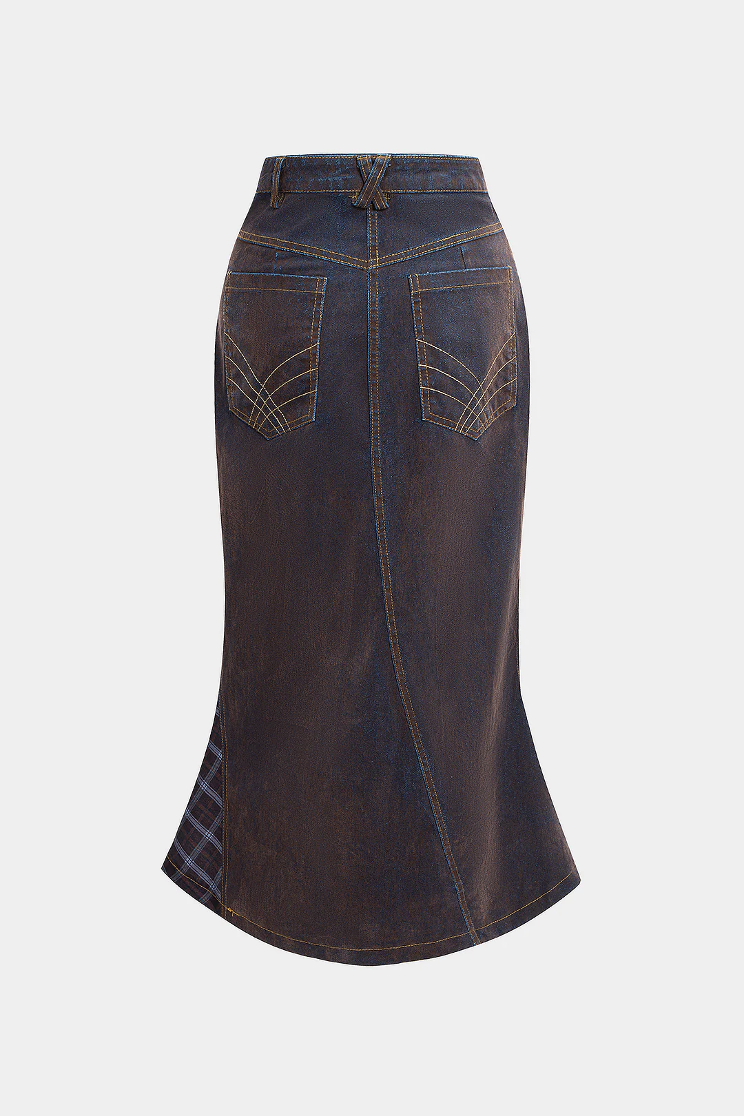 Denim Washed Plaid Print Patchwork Skirt - Weenar