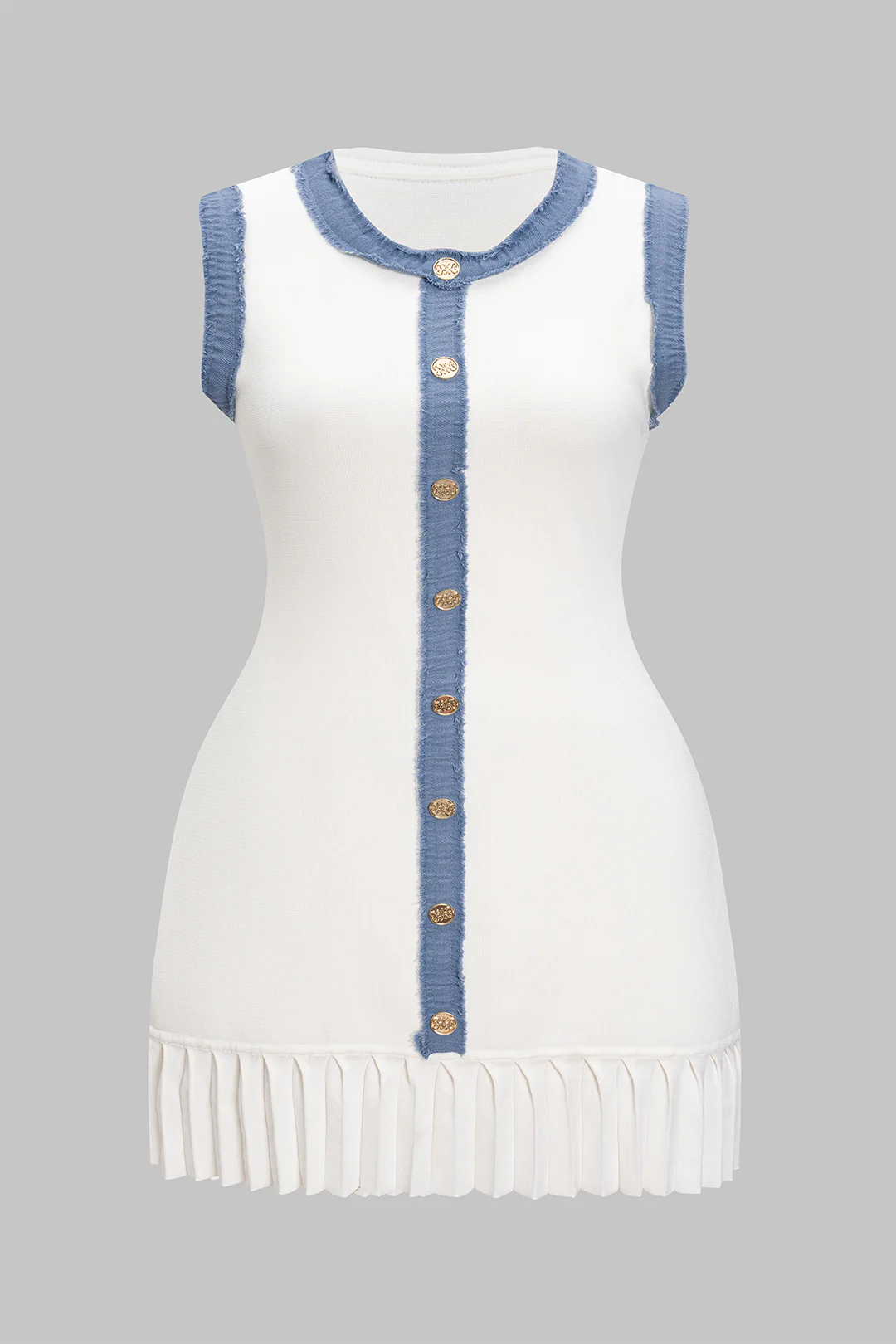 Plus Size Knit Patchwork Contrast Button Sleeveless Dress - Weenar