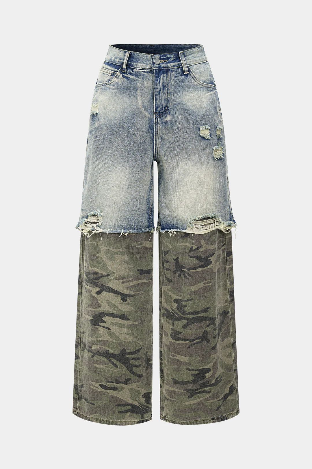 Camo Print Denim Patchwork Button Pocket Jeans - Weenar