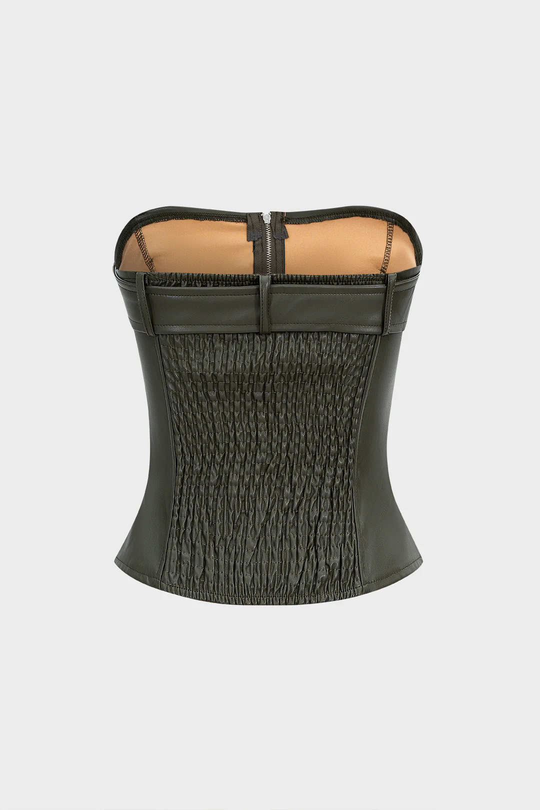Faux Leather Smocked Strapless Belted Zipper Tube Top - Weenar
