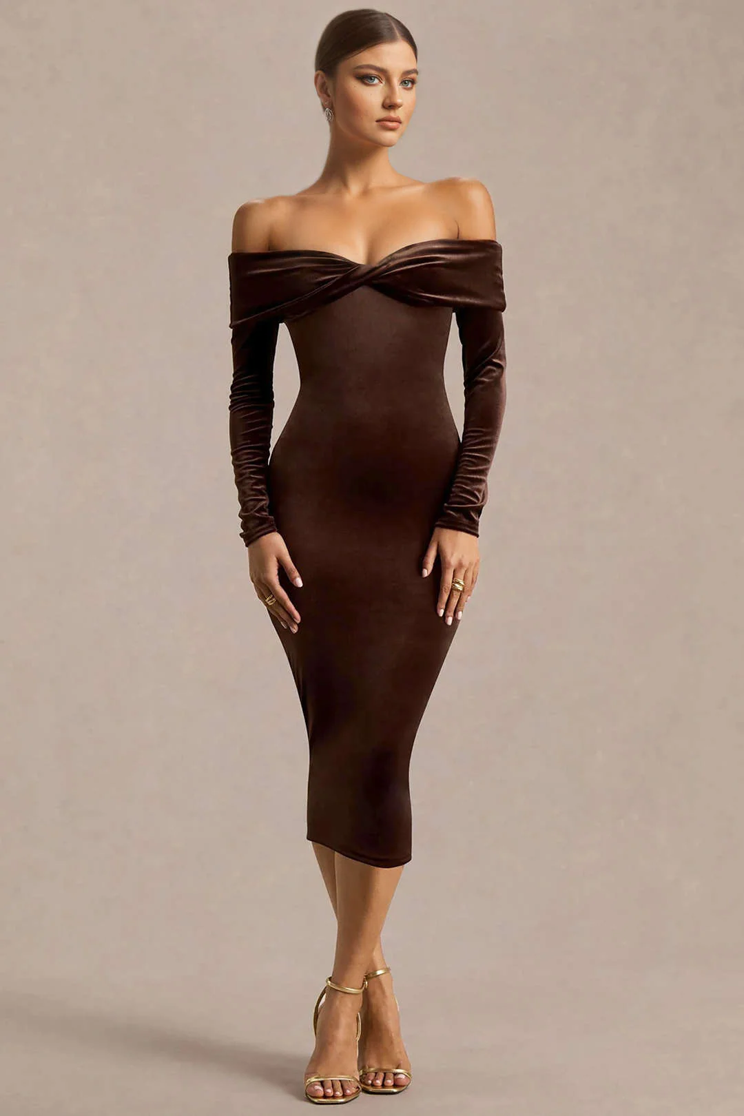 Velvet Patchwork Off Shoulder Long-Sleeve Midi Dress - Weenar