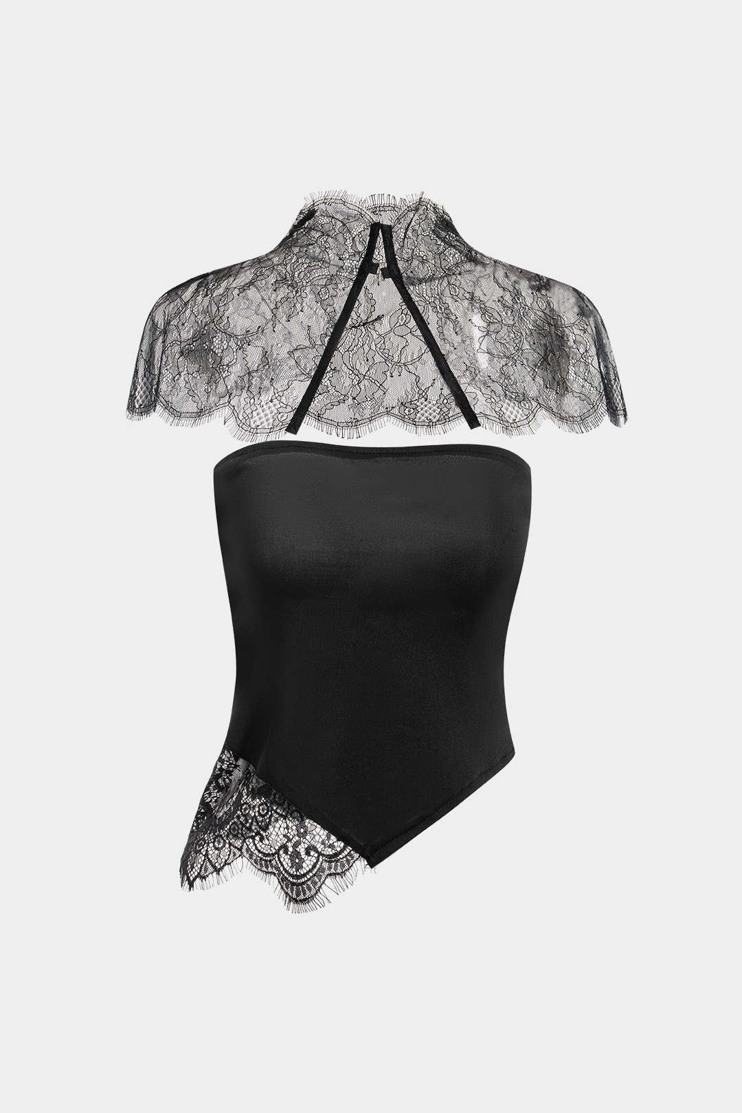 Lace Trim Patchwork Asymmetrical Tube Top With Sheer Shawl - Weenar