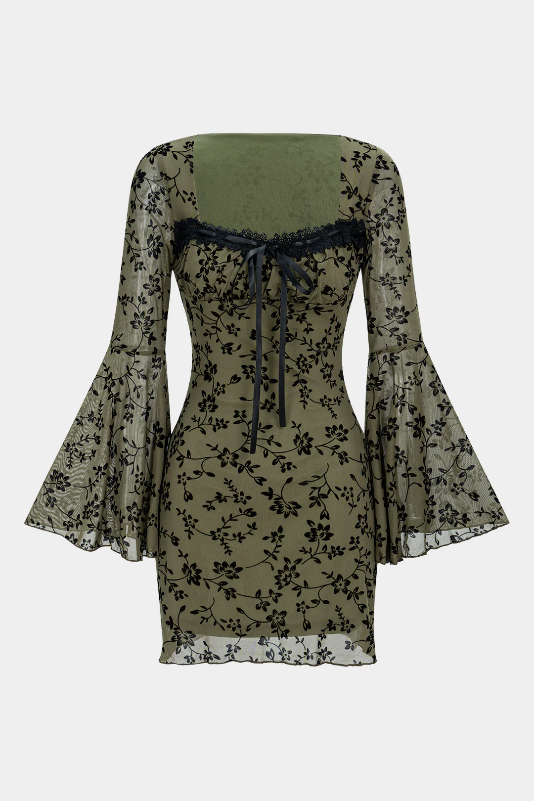 Floral Print Square Neck Tie-Front Bell Long Sleeve Mini Dress - Weenar